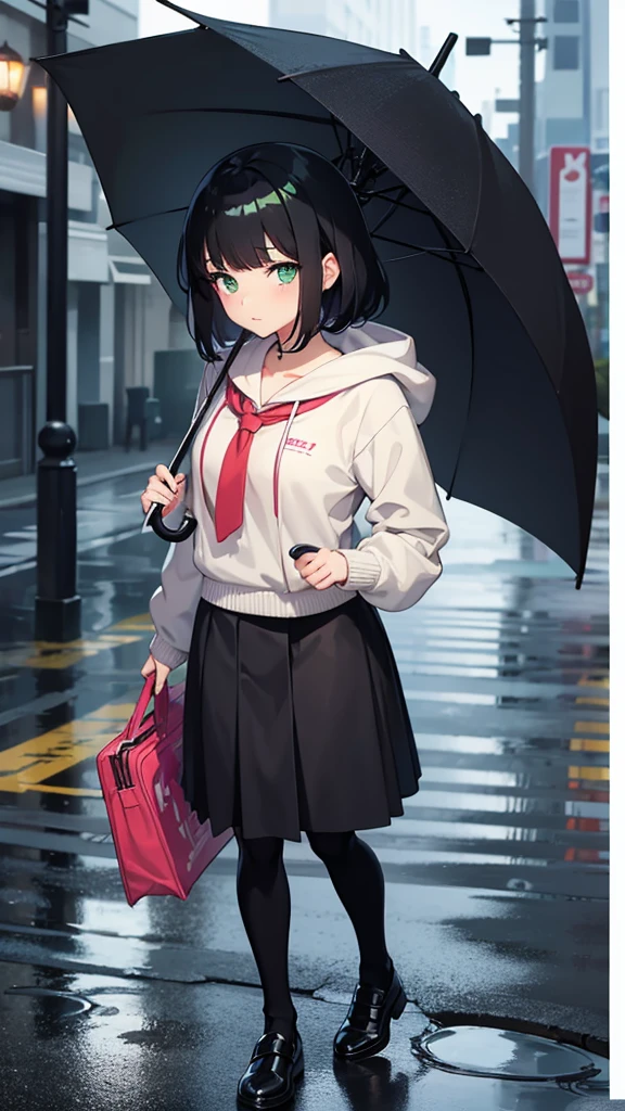 Anime girl, using brwon scholl clothes, using a umbrella in a rainy day, Los Angeles, 60s, black hair, green eyes, looking cute, shiny, aesthetic ilumination, Anime,