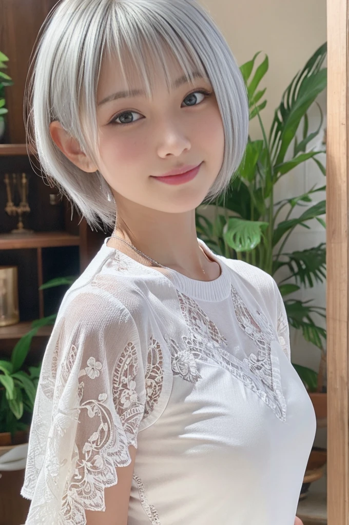1girl, , Japanese, incredibly cute, neat and clean, happy smile, detailed charming eyes, detailed face, (laced onepiece, ultra slender, incredibly white and beautiful skin, short silver hair:1.75), (best quality,4k,8k,highres,masterpiece:1.5),ultra-detailed,(realistic,photorealistic,photo-realistic:1.37),highly detailed,intricate details,vibrant colors,soft lighting,beautiful scenery,delicate features,cute expression,elegant pose