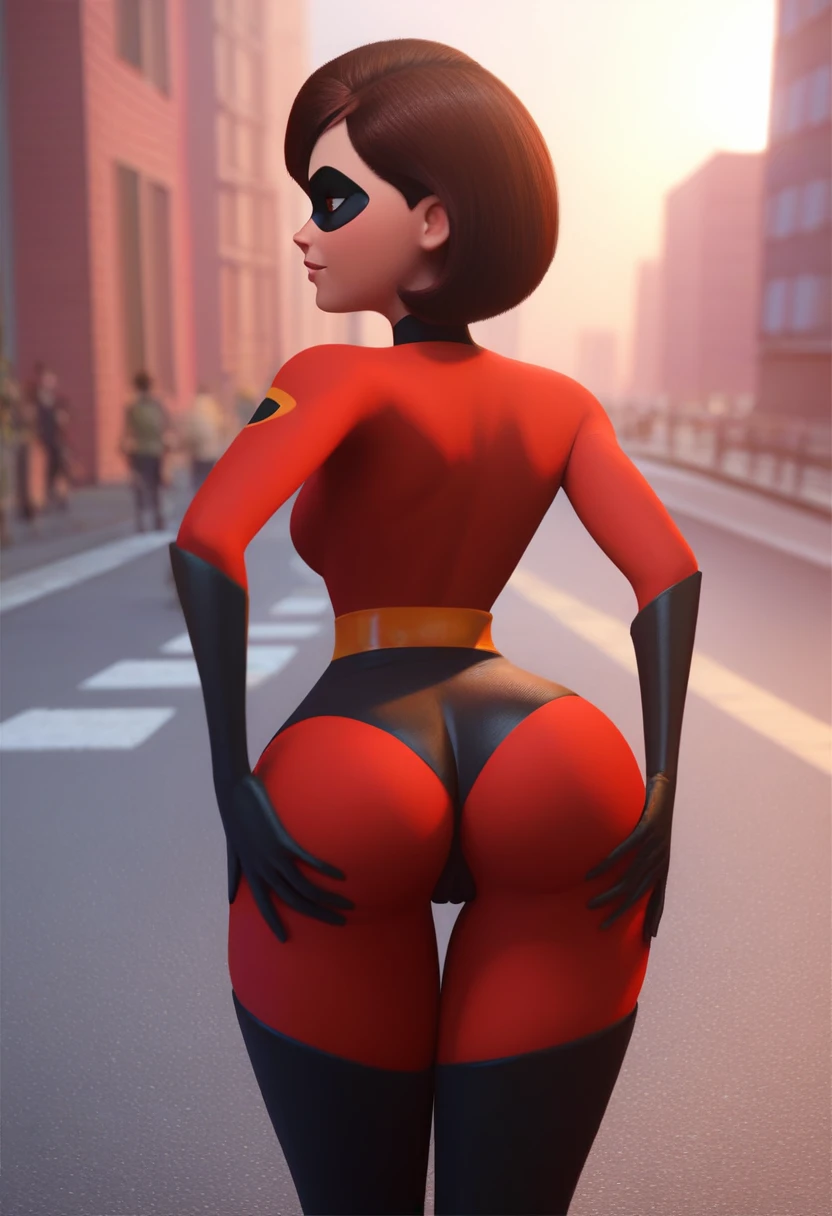 score_9,score_8_up,score_7_up,score_9,score_8_up,score_8,ultra detailed,beautiful face,beautiful hands,detailed background,detailed face,4k,HD,8k,highres,antialiasing,detailed,texture BREAK helenparrSDXL,1girl,short hair,brown hair,thighhighs,gloves,brown eyes,bodysuit,superhero,domino mask,cowboy shot,street background,street, standing, back view, ass, bending over, spread ass, cameltoe, aroused, seductive,