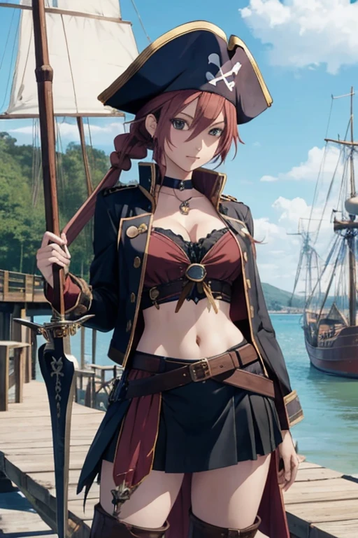 create a 25-year-old anime girl in pirate clothing with a miniskirt in a landscape of a dock and pirate ships holding a pirate sword