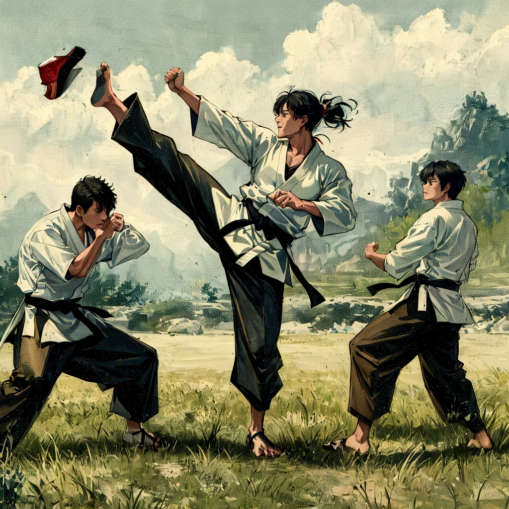 there are three men in karate uniforms doing a kick, martial arts, karate, karate kick, rob rey and kentaro miura style, inspired by Gatōken Shunshi, inspired by Baiōken Eishun, doing martial arts, fighting posture, kung-fu, martial art pose, aikido, kung fu, by Morris Kestelman, perfect hands