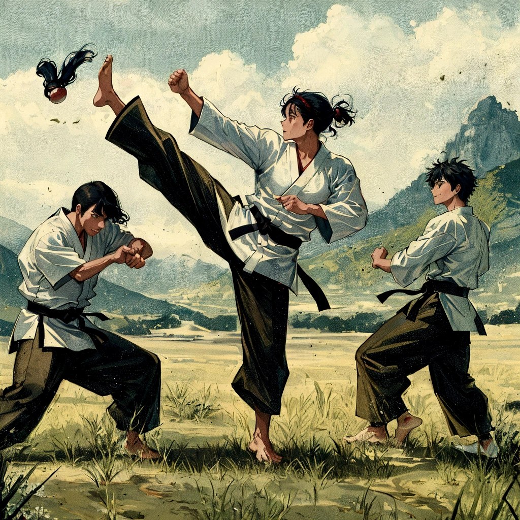 there are three men in karate uniforms doing a kick, martial arts, karate, karate kick, rob rey and kentaro miura style, inspired by Gatōken Shunshi, inspired by Baiōken Eishun, doing martial arts, fighting posture, kung-fu, martial art pose, aikido, kung fu, by Morris Kestelman, perfect hands