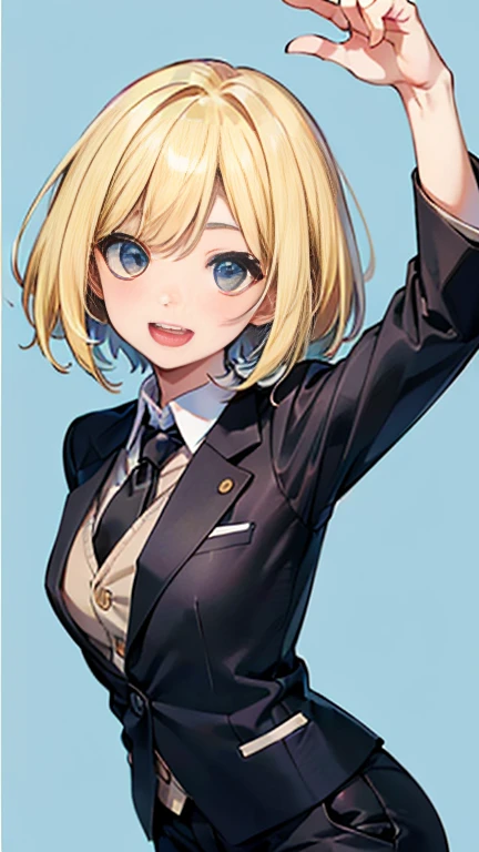 (AkiyamaYukari:1.25),
One Woman,
(Blonde:1.5),
(short,)Bobcut,
Early 20 years old,Natural skin texture,Narrow waist,Thin type,
(Asian Skin:1.9),Height: 168cm,Japanese Girl,,
Yellow eyes,Small breasts,
((((Black business suit)))),
(((Black Business Pants))),
((Black tie)),
((ID photo:1.8,Plain cerulean blue background:1.6,Capture your subject from the front)),
expression(smile),upright posture,Open Mouth,Open eyes,blush,White teeth,
Natural depiction,
Beautiful depiction,
Shiny eyes,
Healthy Body,
Natural hairstyle,
Natural body contours,
Natural facial contours,
(Five fingers)Absolute depiction,Symmetrical fingers,
Two arms,
Two legs,
Sharp eyelid depiction,
Symmetrical eyes,Symmetrical eyes,
Keep the subject in the center,Expand the upper body,
Beautiful image quality,
Delicate shades,
4K,Very detailed,
Delicate light adjustment,
Delicate contour drawing,