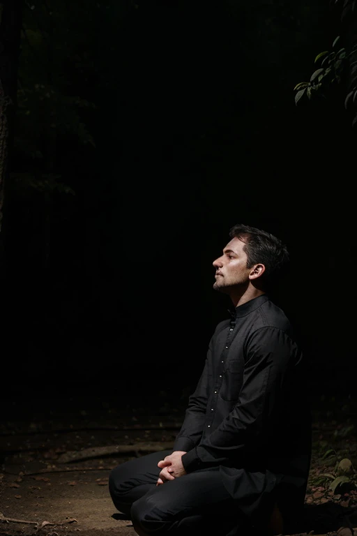 man praying in the dark forest at night, wear a black kurta, there is a white female ghost behind the man