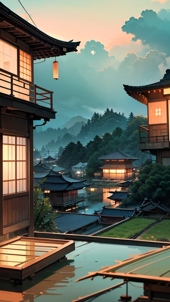 8k, haigh quality, high resolution, realistic, Japanese summer rural house, scene with Japanese wind chimes and rice fields, (zoom Japanese glass wind chimes), no person, no people, ((Paddy field)), (I can see grass and big trees, many Electric poles), ((The camera angle is from inside the house facing outside)), (The house has a garden, at the back of which many electric poles and paddy fields can be seen), ((Wind chimes are hanging))