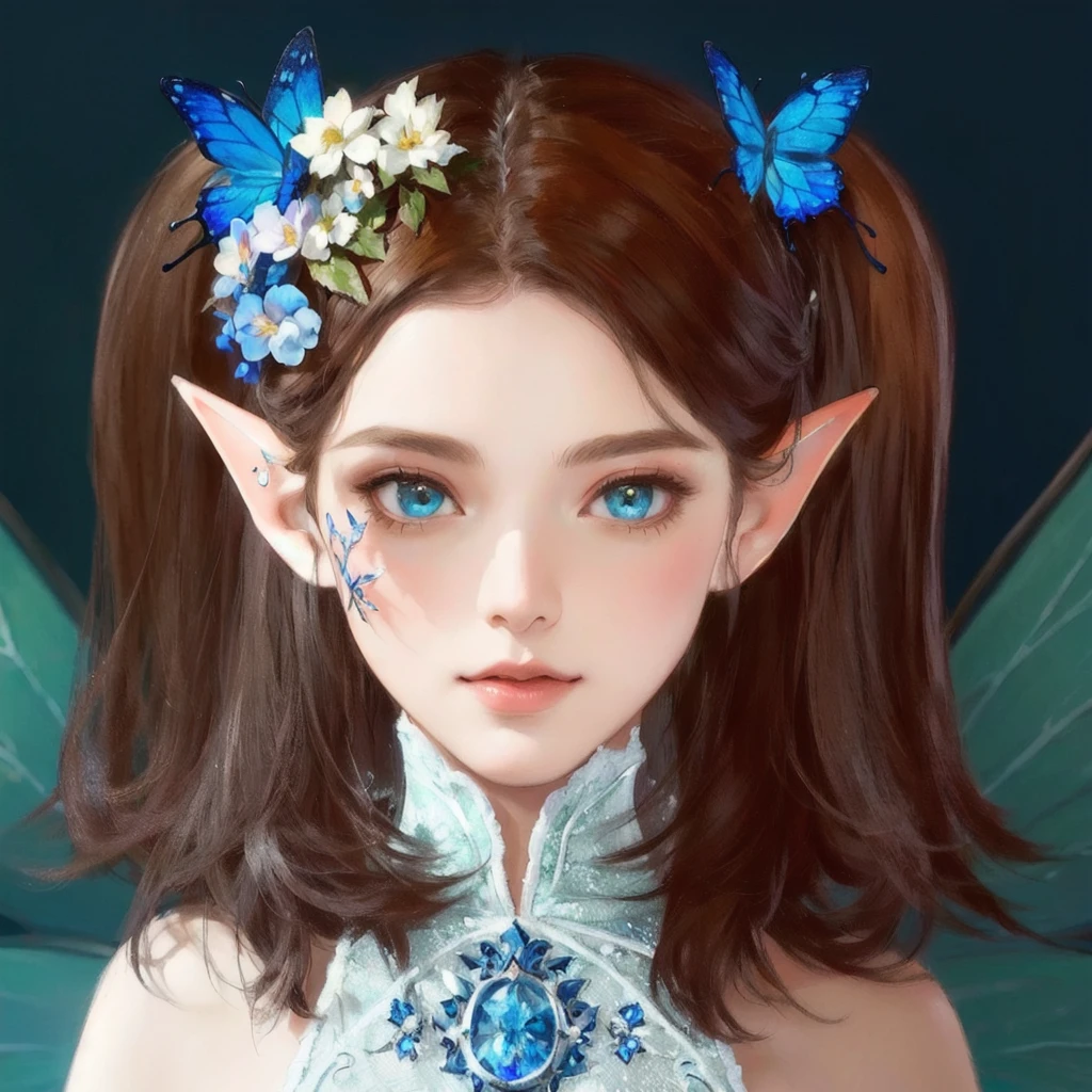 There is a digital drawing of a woman with a butterfly on her head, portrait of a fairy, portrait of a fairy, Highly detailed fantasy character, 매우 아름다운 Portrait of an elf, fantasy art style, elf girl, elf princess, Brunette elf with fairy wings, Portrait of an elf, fairy look, Pixie Character, Portrait of an elf queen, Beautiful and elegant elf queen