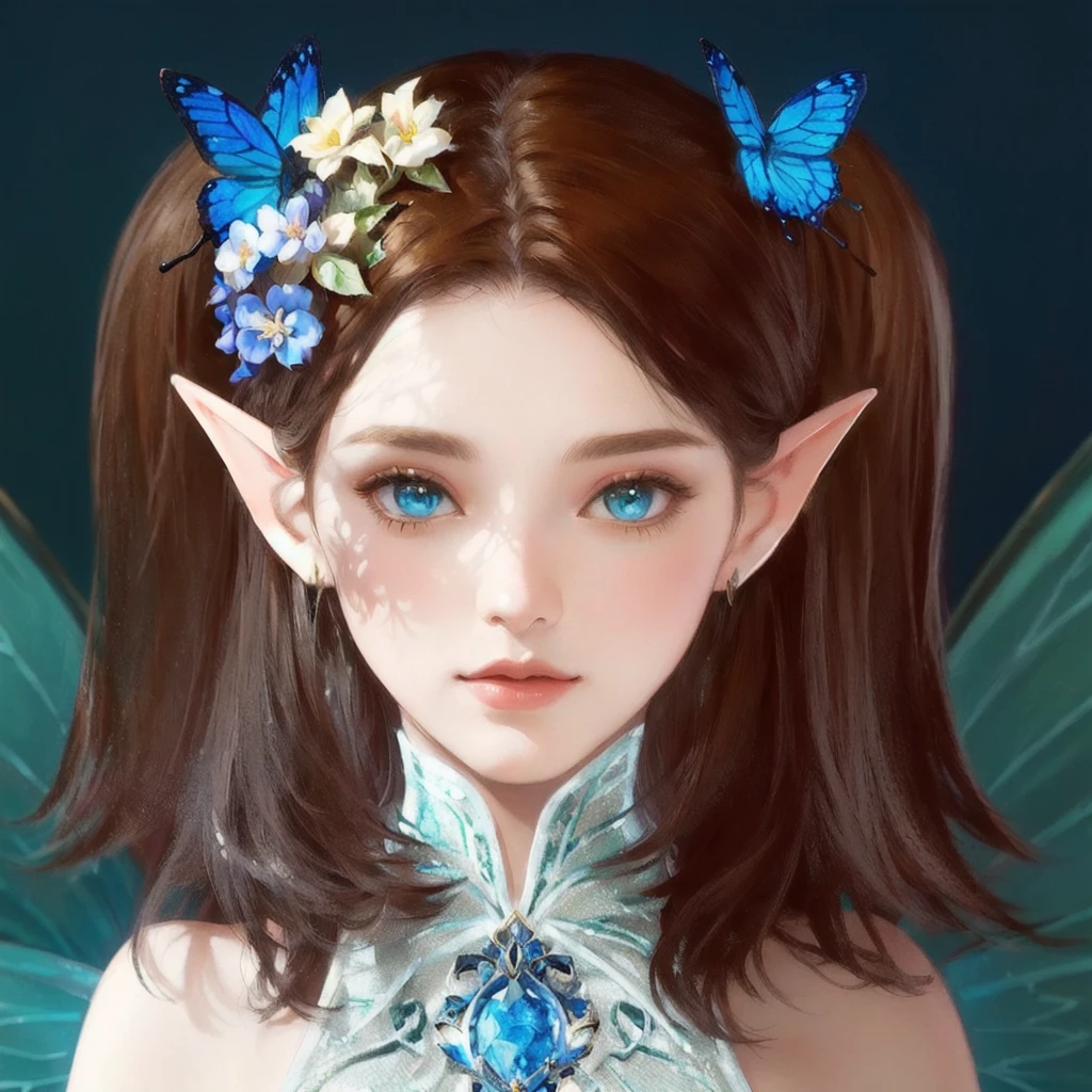 There is a digital drawing of a woman with a butterfly on her head, portrait of a fairy, portrait of a fairy, Highly detailed fantasy character, 매우 아름다운 Portrait of an elf, fantasy art style, elf girl, elf princess, Brunette elf with fairy wings, Portrait of an elf, fairy look, Pixie Character, Portrait of an elf queen, Beautiful and elegant elf queen