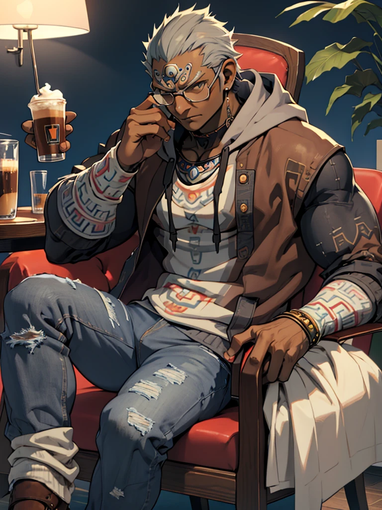 masterpiece、Grey hoodie、Blue Jeans、holding a coffee cup in hand、Glasses、Ganondorf, Dark Skin、Sitting in a chair