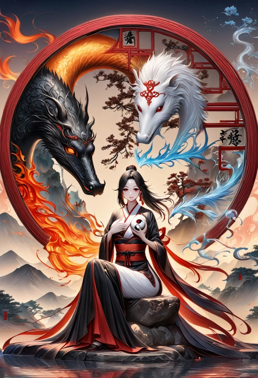 (, balance, yin-yang), Chinese silk painting, Principles of Tai Chi, Fluid Movement, Interrelated elements, Interaction of opposing forces, Taoism哲学, Somewhat《I Ching》the taste of, Warm and cool color palettes, Reflective Art, Inspired by Lao Tzu, Zhuangzi,  Yin-Yang diagram, taijitu, Gossip, Fusion with matter,1 Girl,Solitary, grabbing ??????,, Taoism, Invoke Magic,  light,  Ice and Fire, Gossip背景, Gossip图, yi yang, Taoism practice, Mediation Conference, Buddha sitting,  Spiralosaurus, Yunlong is at the top,  8K