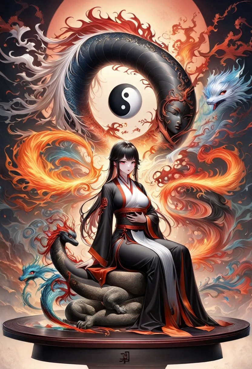 (, balance, yin-yang), Chinese silk painting, Principles of Tai Chi, Fluid Movement, Interrelated elements, Interaction of opposing forces, Taoism哲学, Somewhat《I Ching》the taste of, Warm and cool color palettes, Reflective Art, Inspired by Lao Tzu, Zhuangzi, Yin-Yang diagram, taijitu, Gossip, Fusion with matter,1 Girl,Solitary, grabbing breast,, Taoism, Invoke Magic, light, Ice and Fire, Gossip背景, Gossip图, yi yang, Taoism practice, Mediation Conference, Buddha sitting, Spiralosaurus, Yunlong is at the top, 8K