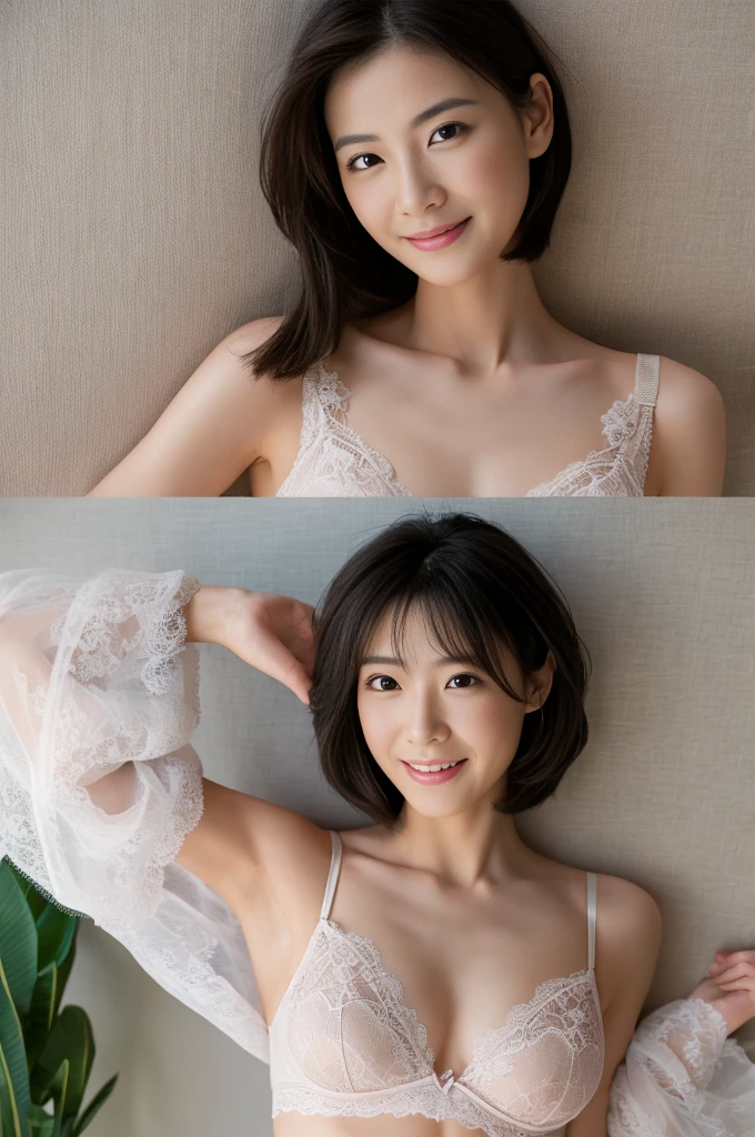 ((Highest quality, 8K, masterpiece: 1.3)), 1 female, Japanese, middle aged, wife, The beauty of slim abs: 1.3, (Hairstyle Casual, big: 1.2), Lace Lingerie: 1.1, V neck design, Super Slender Face, Sucking boy , Thin body type, Very small breasts, Very small waist, Delicate eyes, double eyelid, smile, room, RAW Photos