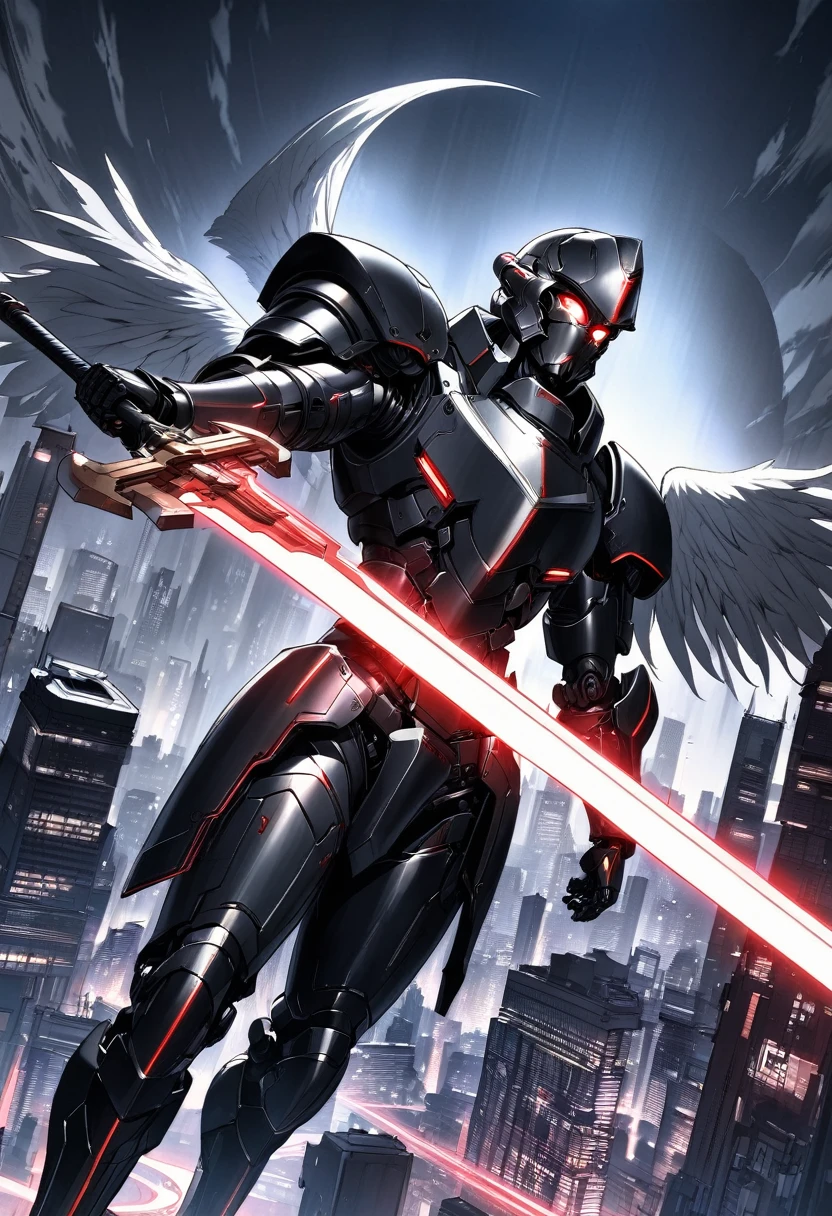 (Best quality,high resolution),Angel with huge golden laser sword,Black Armor, Have a pair of exquisite eyes,Raise the sickle,45 degree angle,Mechanical prosthesis,monochrome exposure,Dramatic Lighting,Cityscape with red holographic sci-fi projection,Sci-fi style.