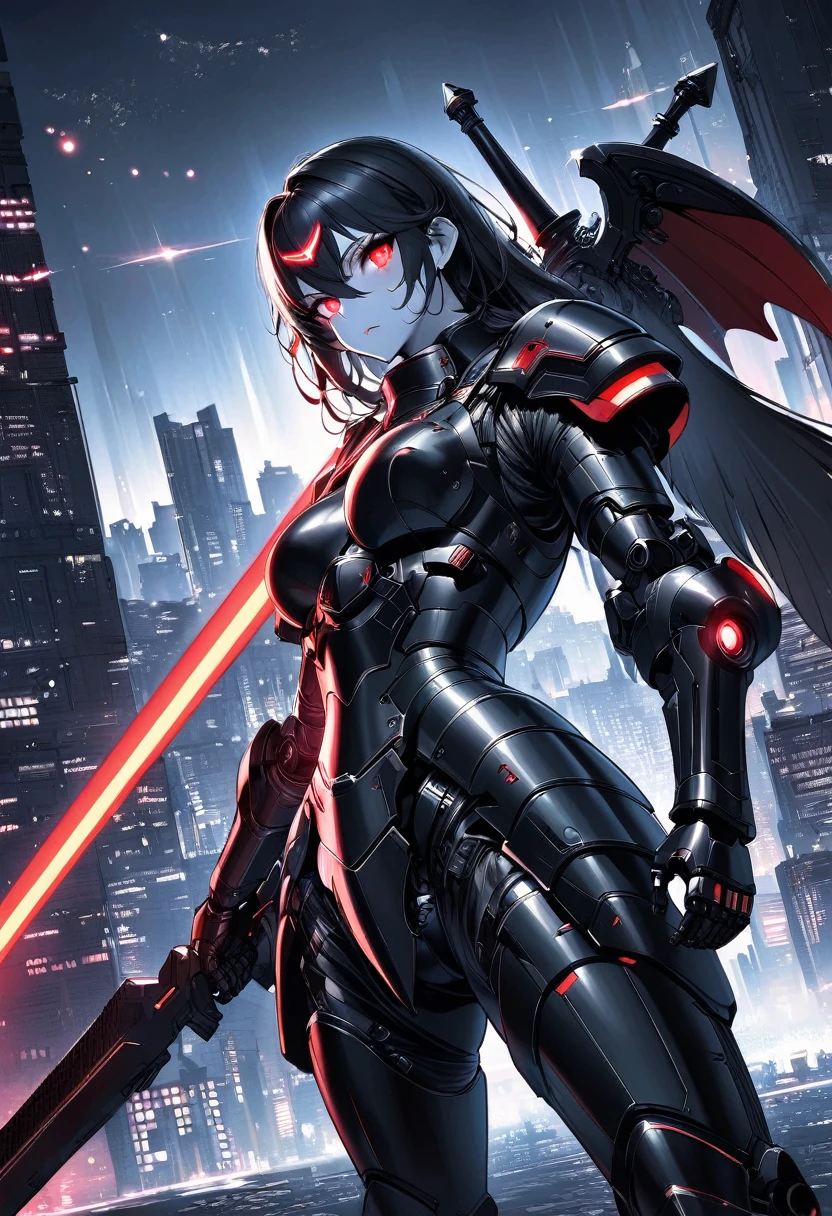 (Best quality,high resolution),Angel with huge golden laser sword,Black Armor, Have a pair of exquisite eyes,Raise the sickle,45 degree angle,Mechanical prosthesis,monochrome exposure,Dramatic Lighting,Cityscape with red holographic sci-fi projection,Sci-fi style.