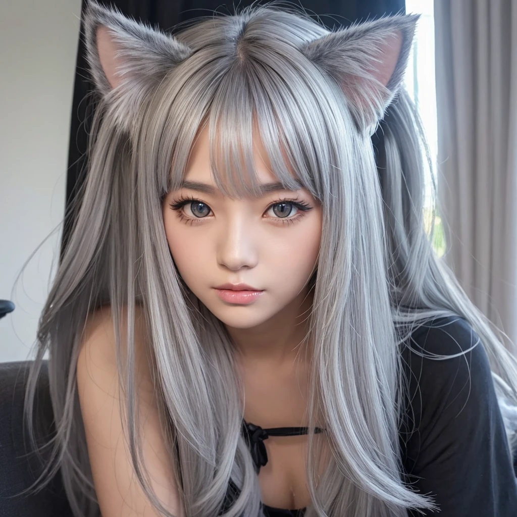 show off pussy, gray hair, cat ears