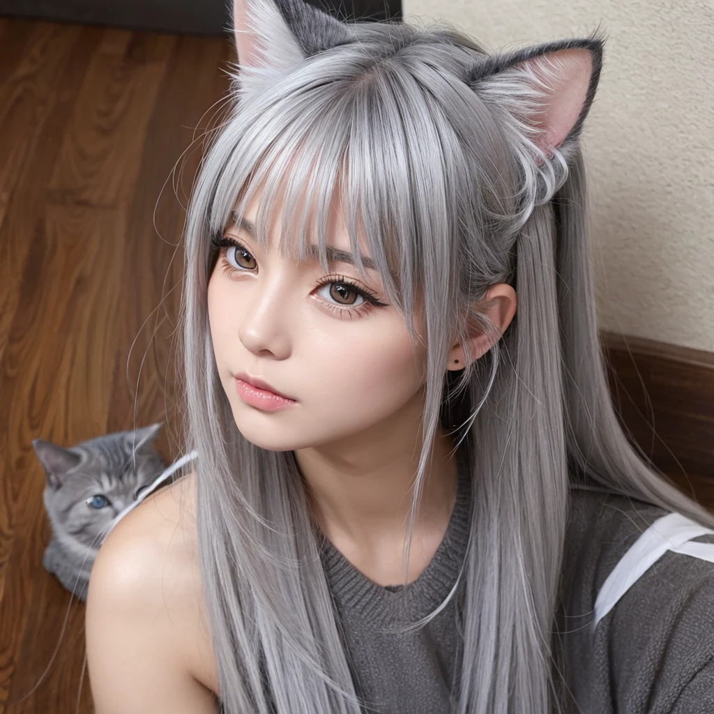 show off pussy, gray hair, cat ears
