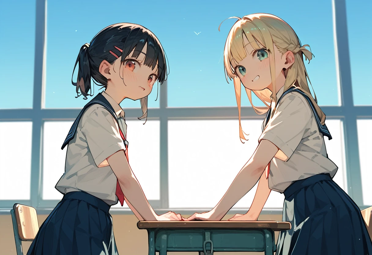 (Adolescent girl), Yuri (squatting side by side, legs apart, urinating, sweating, low-angle full body shot, looking down), Classroom (on desk), 2 girls, and 6 years old, Same appearance, ( (child: 1.25), (baby face: 1.2), (small: 1.2), short limbs, NSFW, (, light blue hair, medium hair, braids, crying face, drooling, choker on head, white Blazer (with red pattern, naked from the waist down, clothes torn to pieces, pussy visible, pussy open from side to side with own hands), love juices, urination, anal juice, two girls squatting on a desk in a classroom. Open your legs and urinate (a large amount of pee from your crotch to the desk),