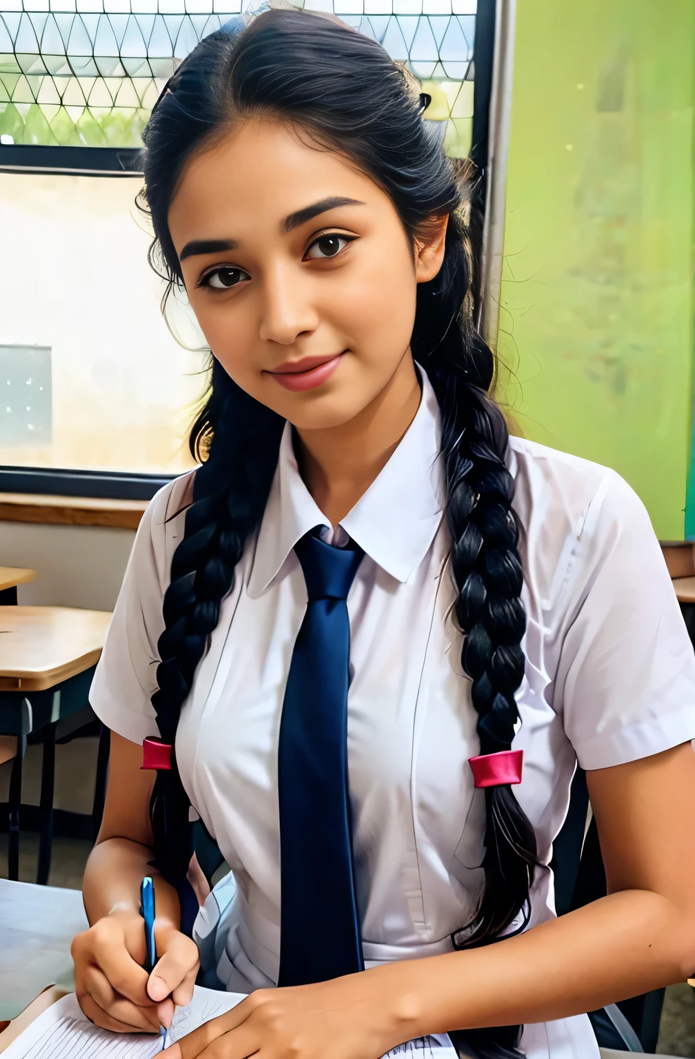 Raw photo , 1 girl ,Wearing white frock and color tie, white shoes, ((teen school girl studying on on in the classroom)), with plait, biggest breasts size , professional photographer, (hdr:1.4), masterpiece, ultra-realistic 8k, perfect artwork, intrincate details, cute face, award winning photograph, (Best quality, 8k, 32k, Masterpiece, UHD:1.3) ,