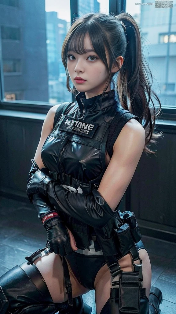 (masterpiece, ultra-detailed, ultra-realistic, best quality, clear focus), (ultra-high resolution, 8k, 16k:1.3), photorealistic, photorealism, (1girl aiming with an ak-47 assault rifle), Combat pose, (Detailed face), ponytail, (SWAT's outfits), (glossy black sleeveless inner bodysuit made of thick leather), (tactical vests:1.3), military harness, revealed plump thigh, military rugged long boots, Gun, black gloves, rugged headgear, Fingers are occluded, battle mode, (in a battlefield), (18 years old Japanese girl), painful expression, very beautiful with very cute but cool boyish face, (bad girl), makeup:1.1, eyeliner:1.2, cool girl atmosphere, very broad shoulders, slender but very muscular body, breasts focus, 