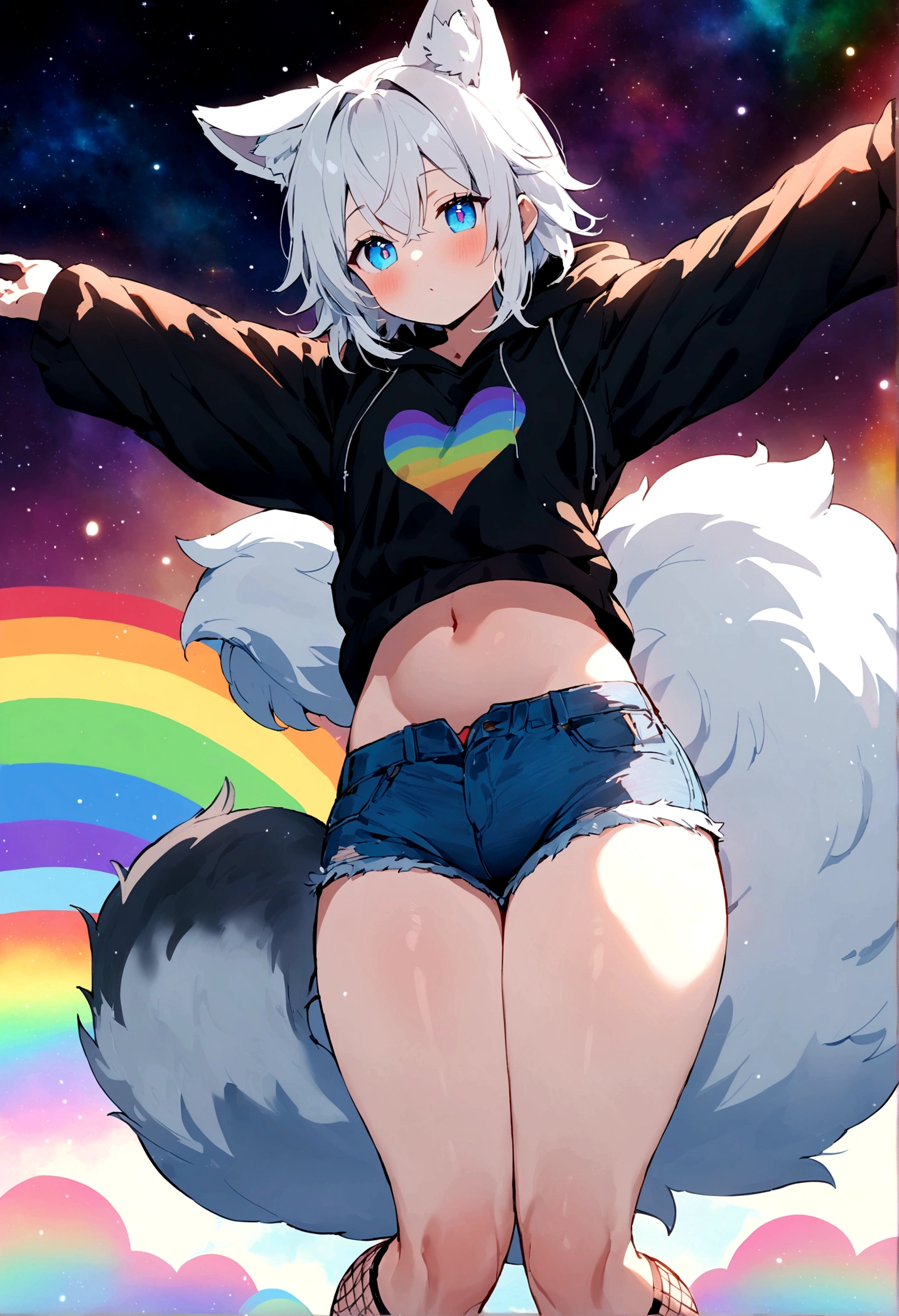 a cute adult male with wolf ears, white hair, has a wolf tail, wearing a loose cropped oversized black hoodie, wearing a pair of denim short shorts and fishnet stockings, thick thighs, wide hips, relaxing on mound of fluffy multi colored kawaii plushies, short, very slim, showing slender tummy, stretching out, heart on hoodie, squishy thighs, has glowing blue eyes. alone, solo (ALONE)(SOLO), surrounded by rainbows, colorful galaxy backround