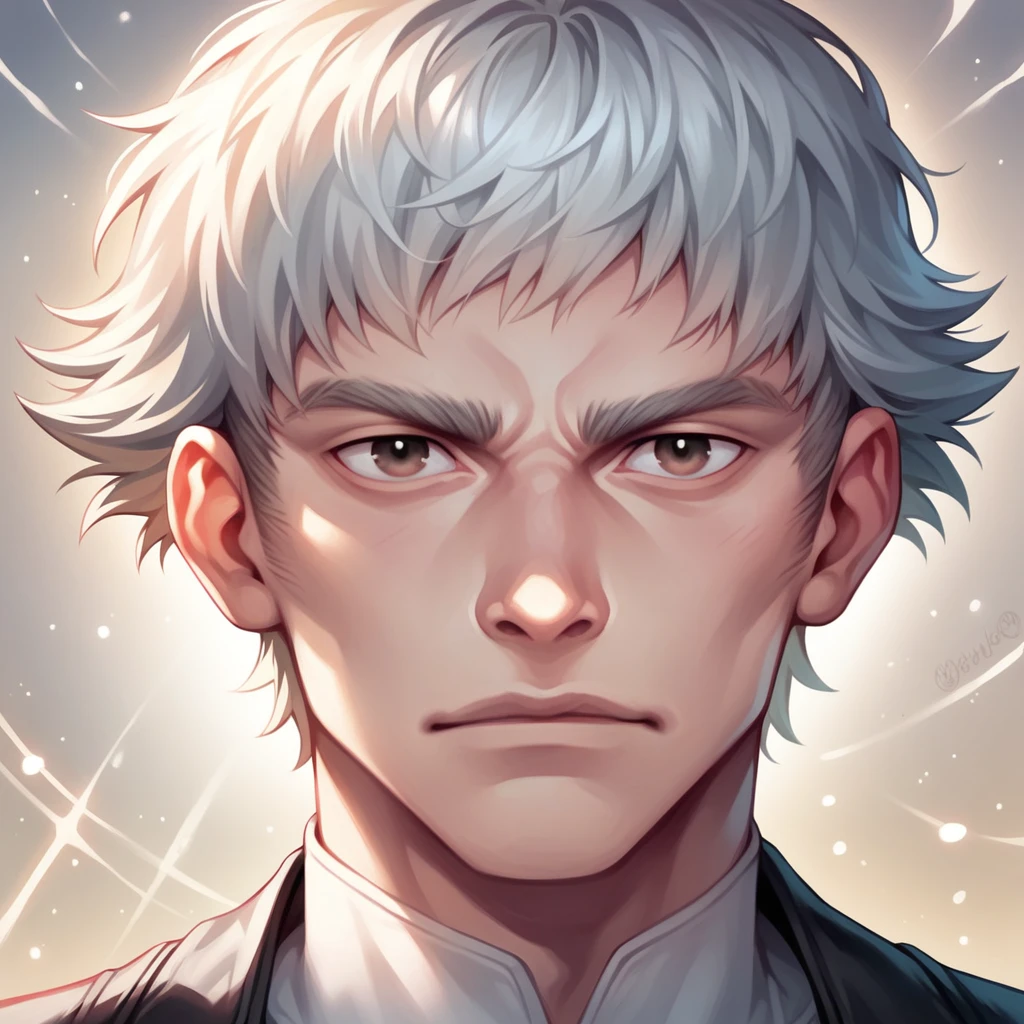 High quality, HD, 4k, no shadows, handsome male, 1male, , teenager, go lining, short white hair, sharp eyes, dark hazel eyes, deep hazel eyes, devil may cry, close up, calm expression, stoic expression, black leather clothes, white leather clothing, lean body, well trained body, upper body, looking at viewer, cowboy shot, white solar, space background