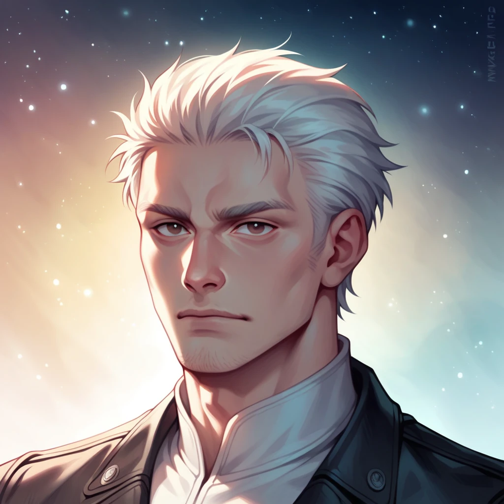 High quality, HD, 4k, no shadows, handsome male, 1male, 17 years old, teenager, golden lining, short white hair, sharp eyes, dark hazel eyes, deep hazel eyes, devil may cry, close up, calm expression, stoic expression, black leather clothes, white leather clothing, lean body, well trained body, upper body, looking at viewer, cowboy shot, white solar, space background