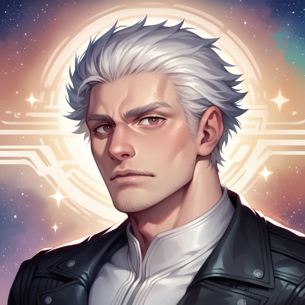 High quality, HD, 4k, no shadows, handsome male, 1male, 17 years old, teenager, golden lining, short white hair, sharp eyes, dark hazel eyes, deep hazel eyes, devil may cry, close up, calm expression, stoic expression, black leather clothes, white leather clothing, lean body, well trained body, upper body, looking at viewer, cowboy shot, white solar, space background