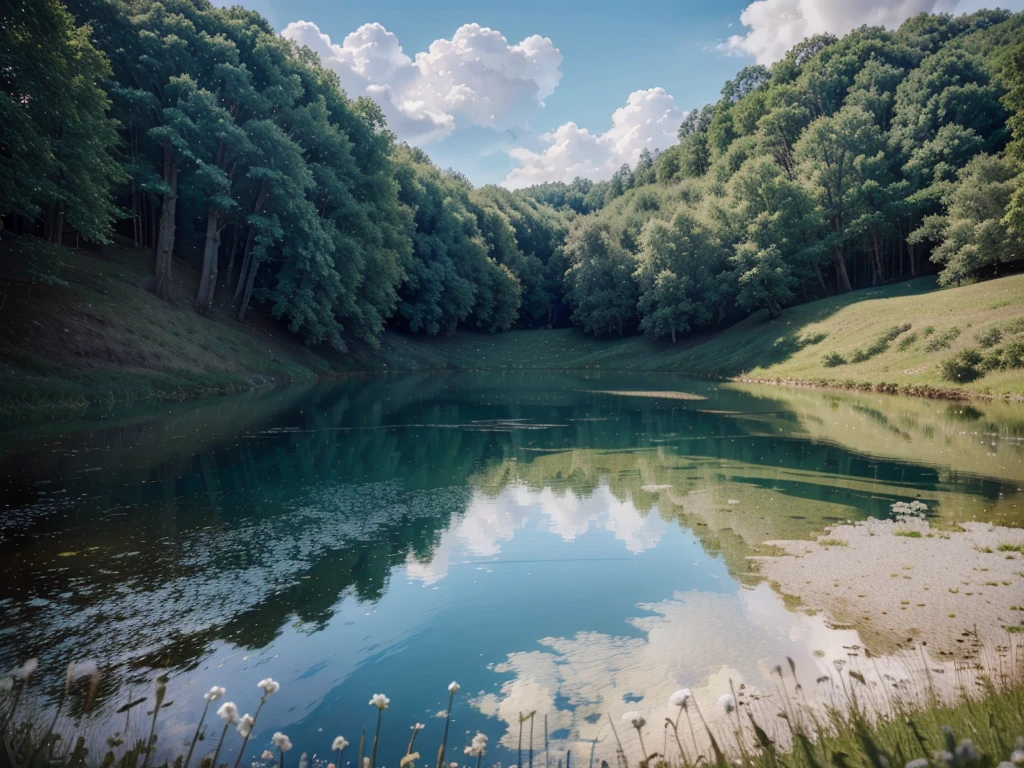 a beautiful blue sky with fluffy white clouds, serene landscape, (best quality,4k,8k,highres,masterpiece:1.2),ultra-detailed,(realistic,photorealistic,photo-realistic:1.37),dramatic lighting,vibrant colors,picturesque scenery,peaceful atmosphere,stunning scenery,idyllic countryside,environmental portrait