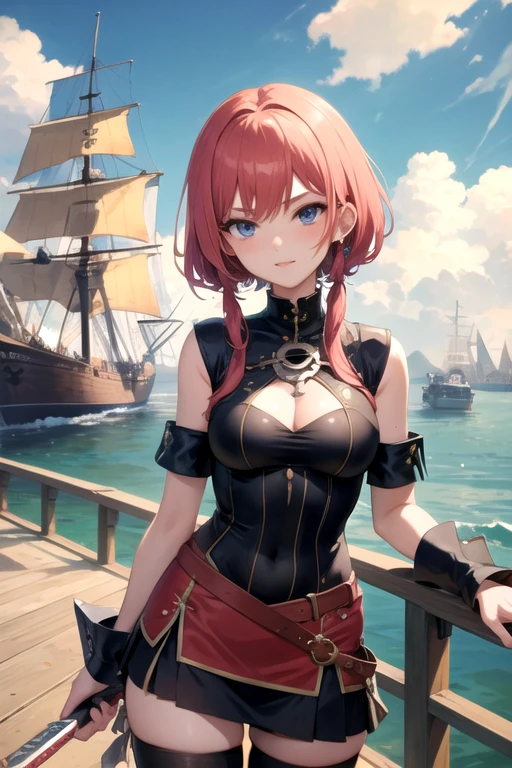 create a 25-year-old anime girl in pirate clothing with a in a landscape of a dock and pirate ships holding a pirate sword