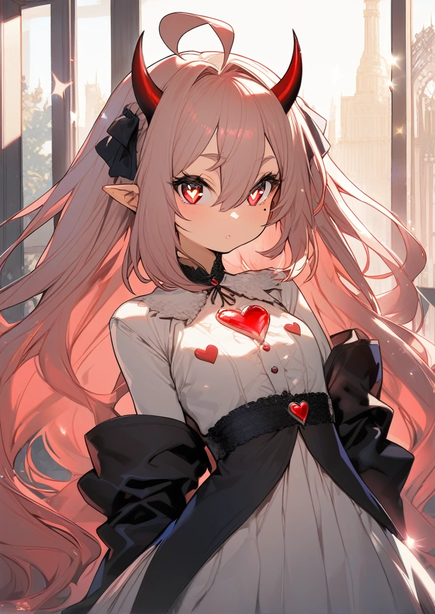 over1000favorite-quality,One girl,Hinbun,Ahoge,Ridiculously long hair,Hair between the eyes,Mole under the eye,Are standing,Shining heart-shaped pupils,Devil horns,Devil&#39;s Tail,(((masterpiece))) (((Highest quality))) ,(masterpiece)), ((Highest quality)), (Super detailed), ((cute)), cute, (Lovely), ((Very detailed)), 4K, (8K), Highest quality, (beautiful),(((World Class Quality))), Very detailed, High resolution, (詳細な陰影のあるbeautiful顔), whole body, teenager, alone, (((Huge breasts))), (((Saggy breasts))),Shiny Hair, Shiny skin, Shining Cut,