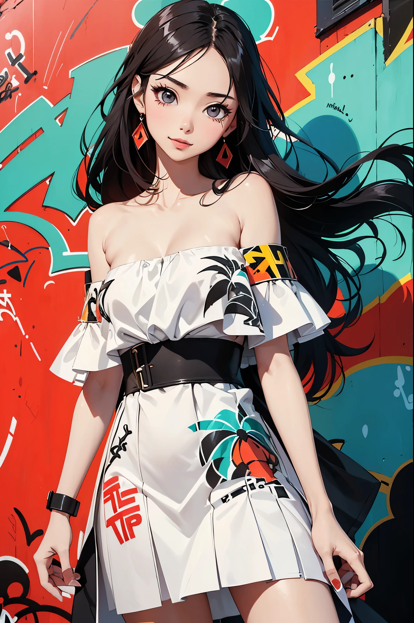 Flat Illustration artwork, ((Angelababy)) in a strapless dress standing in front of simple background, up close, wear dark sunglasses, korean pop-star, big smile, black hair, pretty hands, fringe, simple red background, palm trees, (graffiti wall:1.2), ((Art style by Patrick Nagel)), ((8k, wallpaper, detailed)), strong, courageous, art by Patrick Nagel, music album art cover