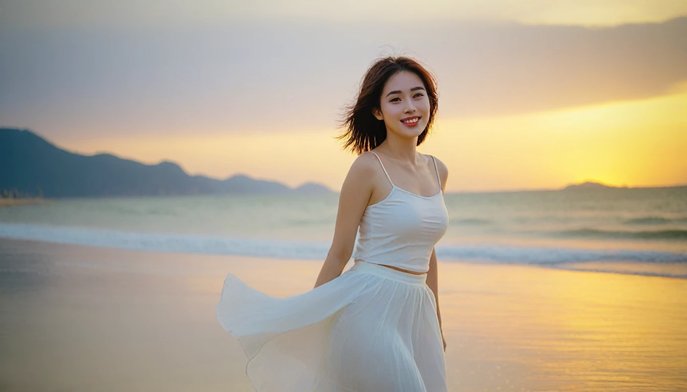 Beautiful Korean Woman, Chest size 34 inches, Wear sleeveless, light skirts, Looking at the sea from the beach at sunset. beautiful pretty woman look , wearing a light skirt , Go far into the sea water and soak your feet, wet,burning sunset light, Short medium hair blowing in the wind, 1 woman, beautiful eyes, A slight smile, Danang Beach, Vietnam, with palm trees, Taken from afar with a wide angle lens. uhd