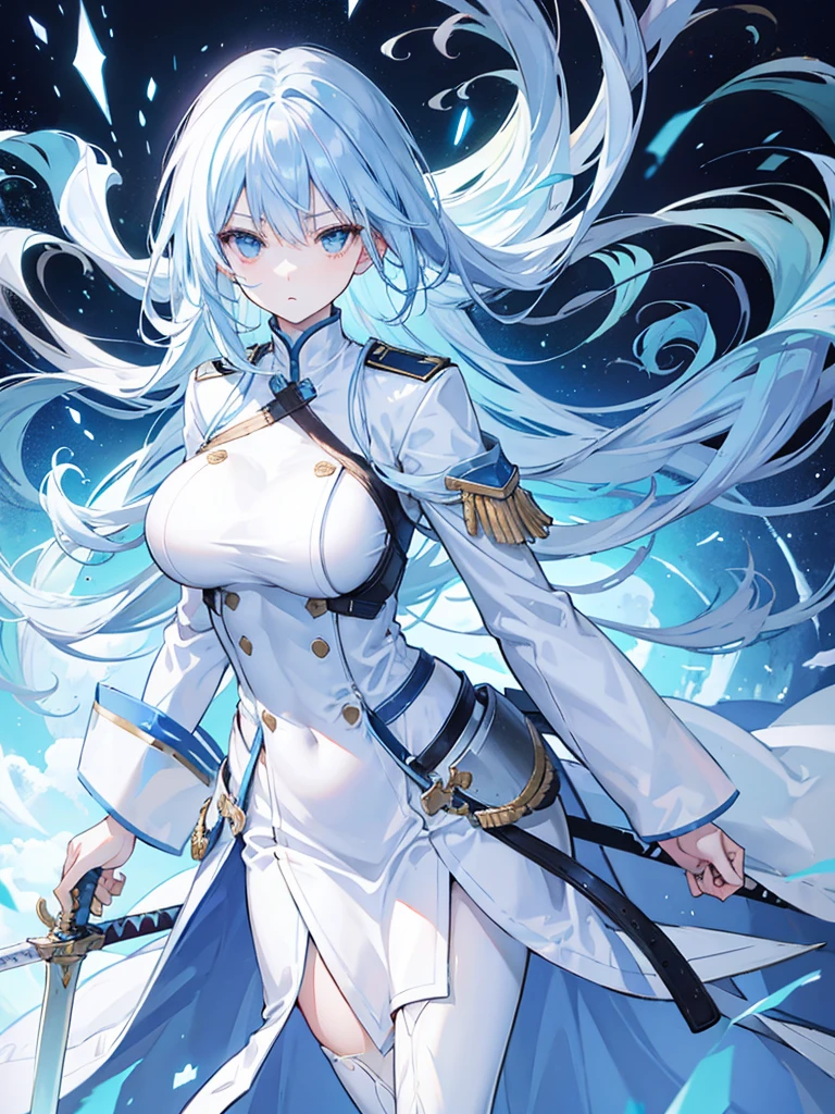 light sky blue hair, expressionless, neat white uniform, holding a sword, very large breasts, long straight hair, cold expression