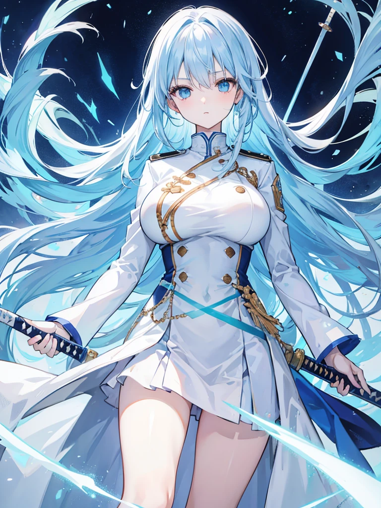 light sky blue hair, expressionless, neat white uniform, holding a sword, very large breasts, long straight hair, cold expression
