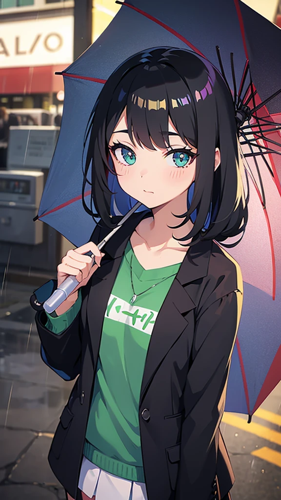 Anime girl, using brwon scholl clothes, using a umbrella in a rainy day, Los Angeles, 60s, black hair, has green eye, looking cute, shiny, aesthetic ilumination, Anime,