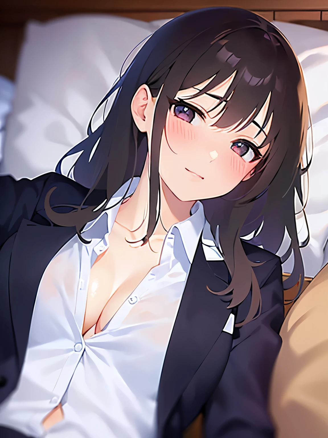 (open arms for viewer :1.5),(on back),Realistic, real person, (pale skin: 1.2), RAW photo, photorealistic, portrait photography, shiny skin, shiny hair、 (A 35-year-old woman with bangs) and (wavy hair) and (brown hair) and (Orange Eyes) , (business suit:1.5)and (Wearing a white collared shirt),smile,(blush:1.5),Cleavage、Sleeping on the sofa、(alone:1.5)、