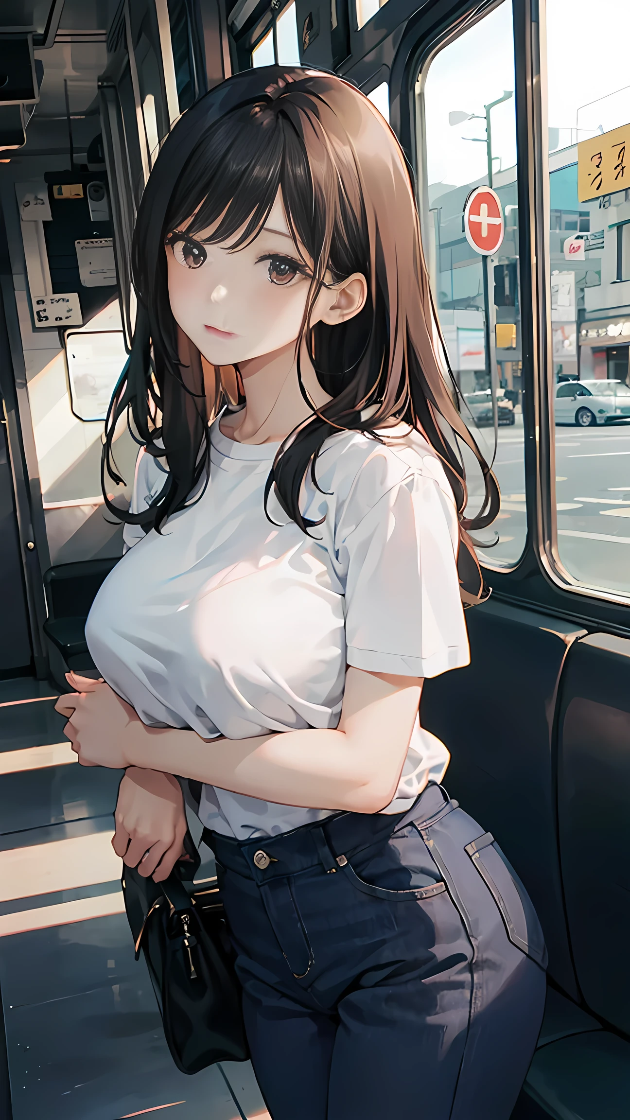 (masterpiece:1.2, Top quality),, Nice illustration, (Natural side Light, Light),
Looking at the audience, 1 girl,Protruding nipples, Pink hair,White shirt clothes,jeans,Large Breasts,Nipple protrusion 2:1,Stand on the bus,Protruding breast nipples