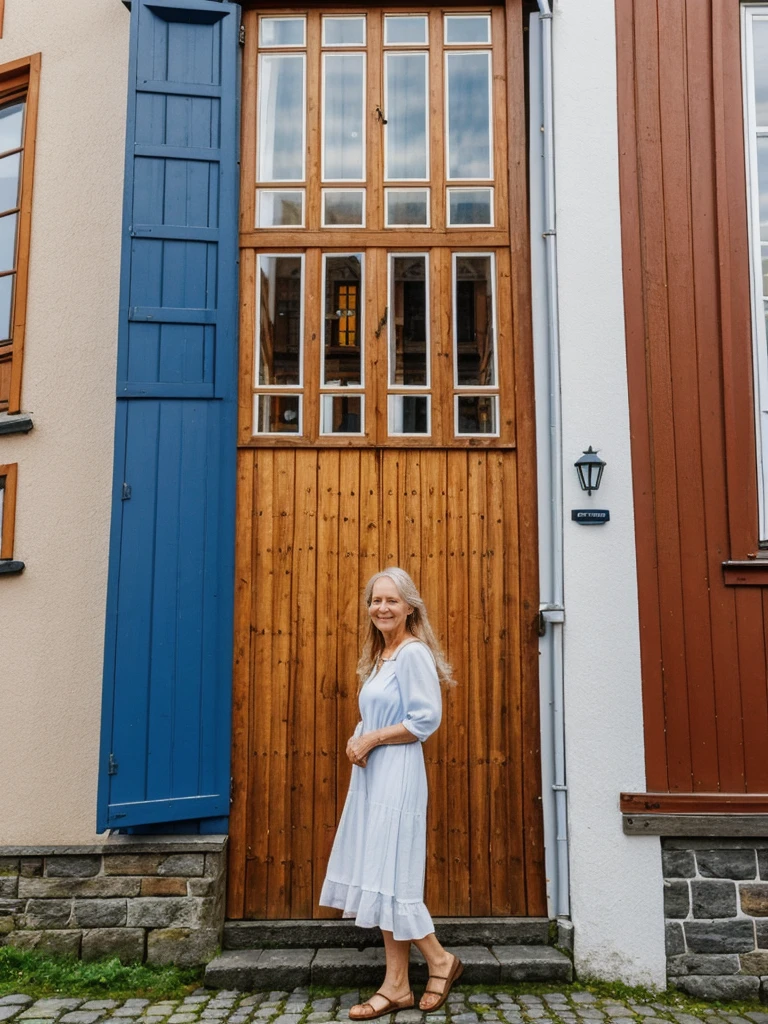 Liv Ullman, her name is Freydis, high quality, 1 old woman, ((50-year-old SLIM dutch woman)), ((50 years old)), (((wrinkled body))), ((((old body)))), (((LONG HAIR))), (((no make up))), (pale skin), (((blue eyes))), she is wearing stylish COLORFUL sundress Generation X wear for old women, POSE: standing, adventurous, exciting BACKGROUND: outdoor: Bryggen, Bergen: Historic wooden buildings along the waterfront, with colorful facades and narrow alleyways.