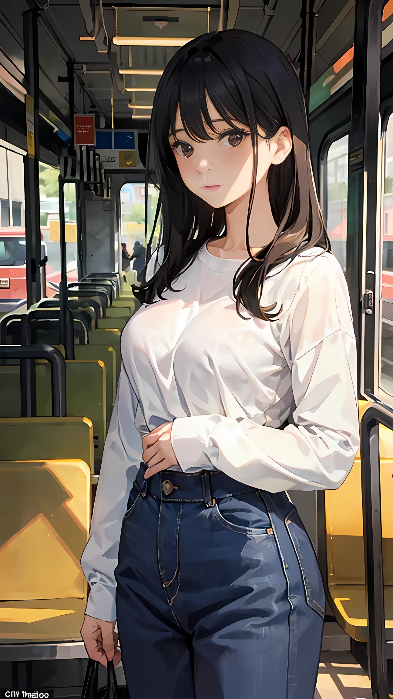 (masterpiece:1.2, Top quality),, Nice illustration, (Natural side Light, Light),
Looking at the audience, 1 girl, Black Hair,White shirt clothes,jeans,Large Breasts,Hug chest,,She is standing on the bus,Scared expression