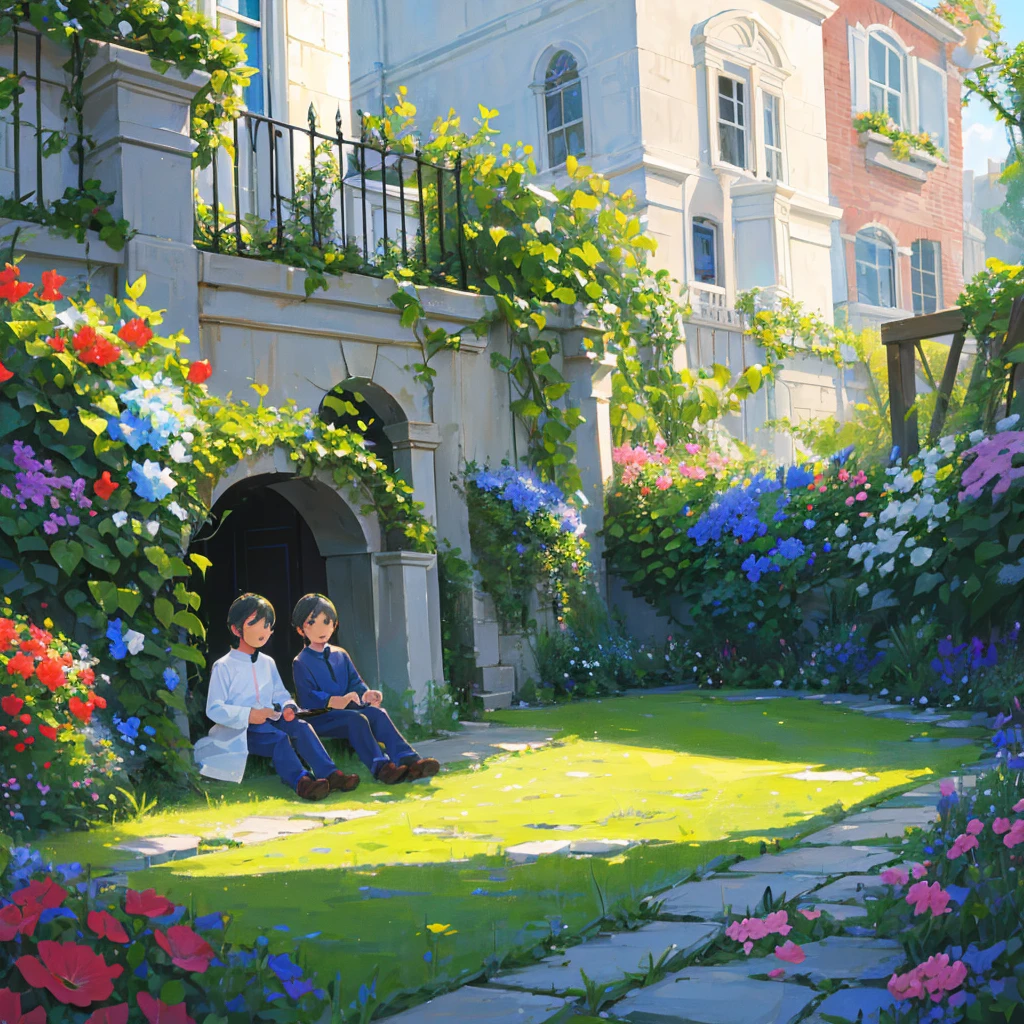 Two male children playing The two children are 9 years old I are short and happy in a beautiful garden