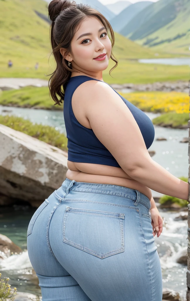 ((Best Quality, 8K, Masterpiece: 1.3)), Chubby woman smile ((best quality)), ((masterpiece)), (detailed), perfect face, USA woman fat in a dark-blue shirt and blue denim skirt walking down a street, thicc, she has a jiggly fat round belly, bbwchan, wearing tight sexy clothes, skinny waist and thick hips, widest hips, her belly is fat and round, soft curvy shape, hyperrealistic full figure, wearing a cute top, wide hips, cropped shoulders,Bare belly,(big assa:0.7),show legs,, thicc, beautiful thick female, beautiful curvy female,, Tall and tall,clear curvy details, curvy hourglass figure, alluring plus sized model, bbwchan, Voluptious body, Curvy model, Curvy body, Be red in the face, 1girll fat , a matural female, A MILF, the golden ratio,(Kpop idol),(Oil skin:1.2),(Oil skin:1.1) background High quality, HD, realistic, HDR. mountain refuge in grey stone, blends into the panoramic view of the mountain, spring landscape (green and flowery), edelweiss, lake, stream that winds, sunset, cool breeze. welcome mountaineers and hikers.