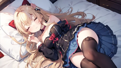 floor、mini skirt,Clothes with intricate details,Bright,Swimsuit,one person,blond,Sexy、Deep sleep、long hair、Stockings
