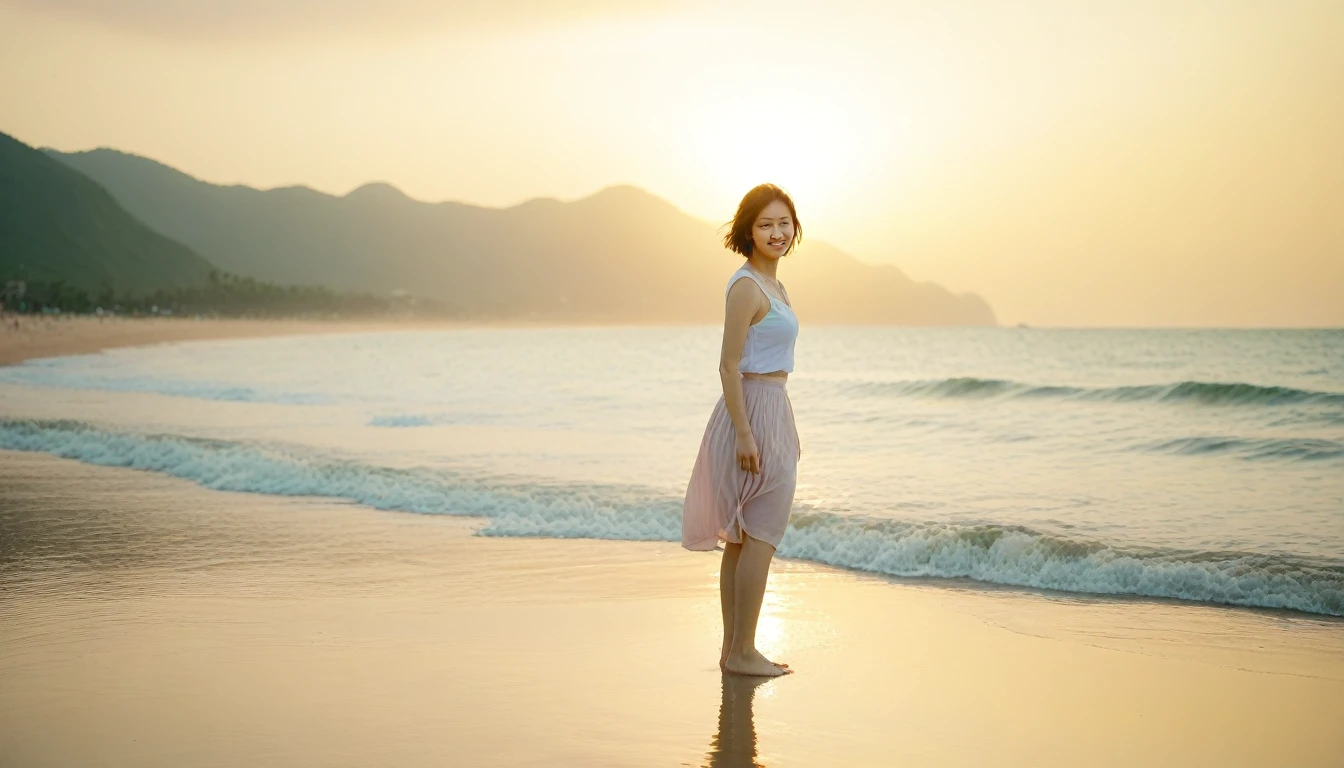 Beautiful Korean Woman, Chest size 34 inches, Wear sleeveless, light skirts, Looking at the sea from the beach at sunset. beautiful pretty woman look , wearing a light skirt , Standing far away in the sea water and dipping your feet, wet,burning sunset light, Short medium hair blowing in the wind, 1 woman, beautiful eyes, A slight smile, Danang Beach, Vietnam, with palm trees, Taken from afar with a wide angle lens. UH