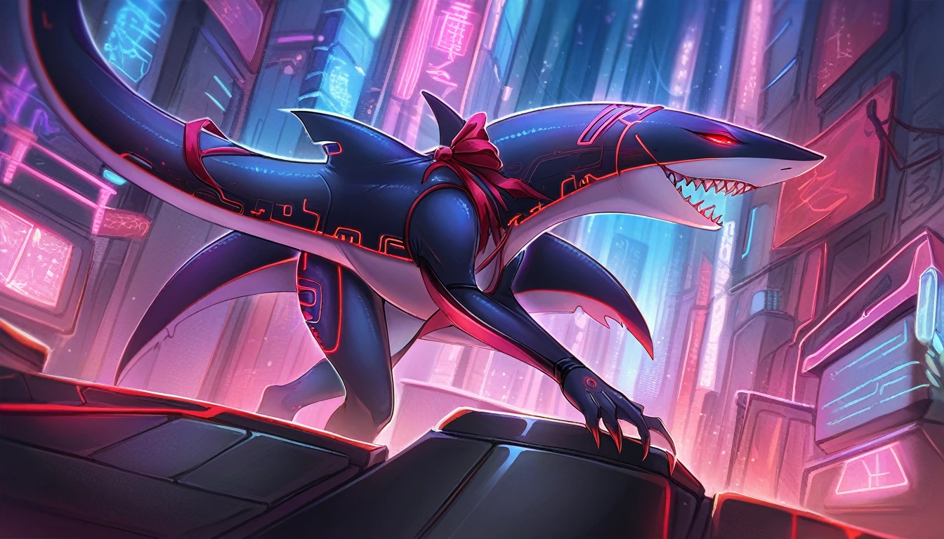 ((Masterpiece)), ((Best Quality)), (Very Detailed), ((Very Detailed)), 4K, (8K), very aesthetic, absurdres highres, 1woman, anthropomorphic shark, furry, kemono, A scene in which a female android shaped like a shark stands in the neon lights of a futuristic city. It has sharp teeth, glowing red eyes, and a black metal plate with shiny black accents. The red ribbon sways in the wind, and the texture of the metal plate and precise circuit pattern are detailed.