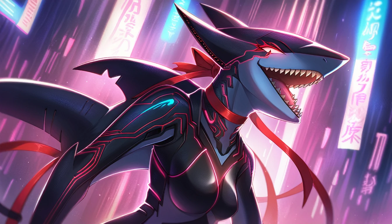 ((Masterpiece)), ((Best Quality)), (Very Detailed), ((Very Detailed)), 4K, (8K), very aesthetic, absurdres highres, 1woman, anthropomorphic shark, furry, kemono, A scene in which a female android shaped like a shark stands in the neon lights of a futuristic city. It has sharp teeth, glowing red eyes, and a black metal plate with shiny black accents. The red ribbon sways in the wind, and the texture of the metal plate and precise circuit pattern are detailed.