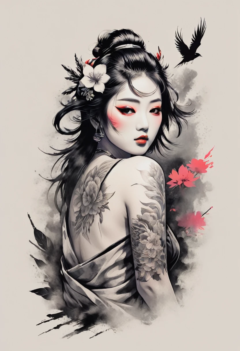 Design a t-shirt featuring a fantasy Japanese illustration of a samurai Geisha naked tattooed shoulder. (half body portrait)  Combine a detailed black and white drawing with vibrant, colorful digital fantasy elements ravens. Draw inspiration from the intricate and dynamic styles of Dan Mumford, junko mizuno, and Frank Frazetta.negative space