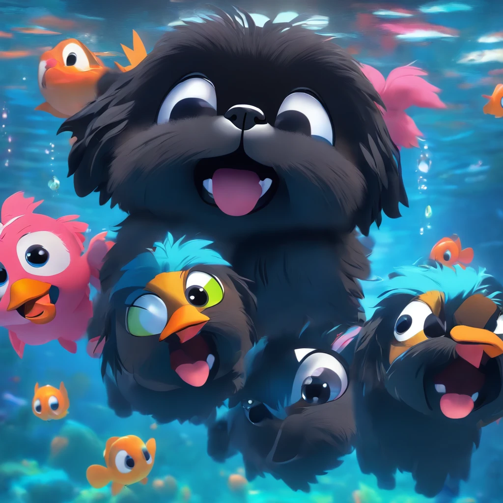 2 adorable small black Shih Tzus swimming Disney 3d rendering Pixar Cartoon