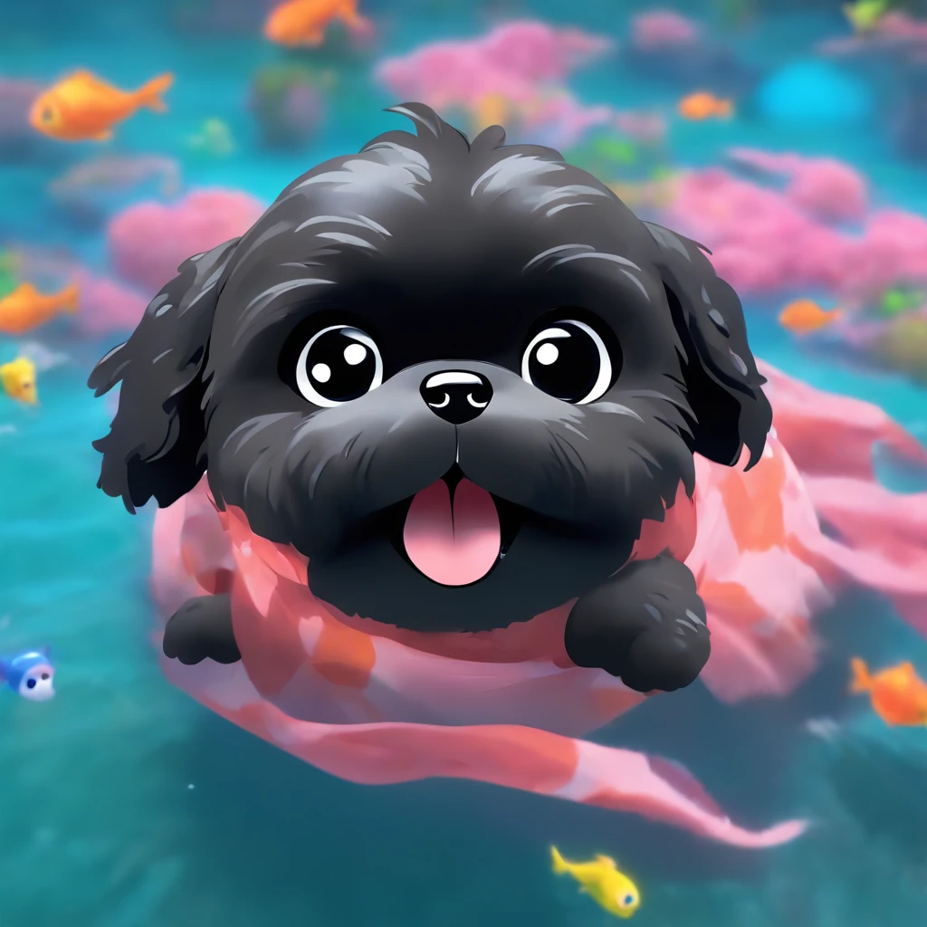 2 adorable small black Shih Tzus swimming Disney 3d rendering Pixar Cartoon