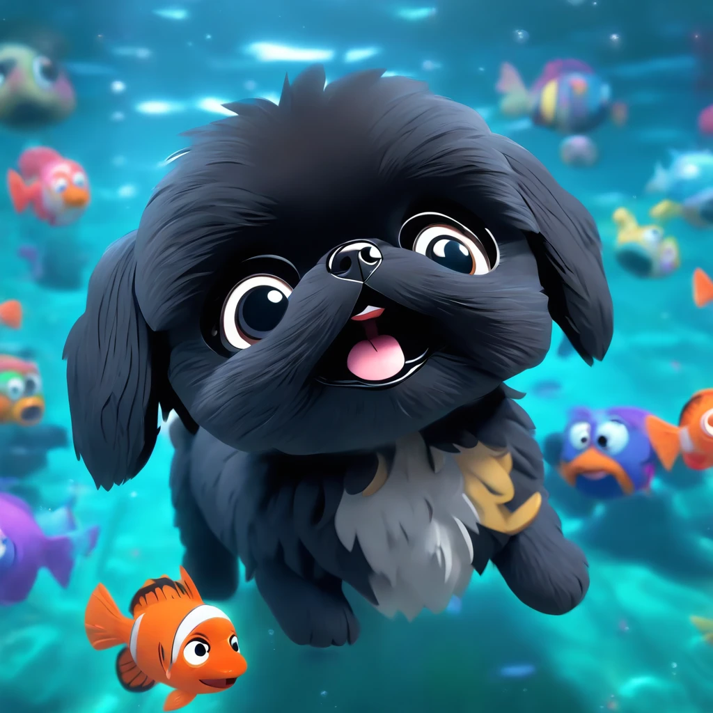 2 adorable small black Shih Tzus swimming Disney 3d rendering Pixar Cartoon