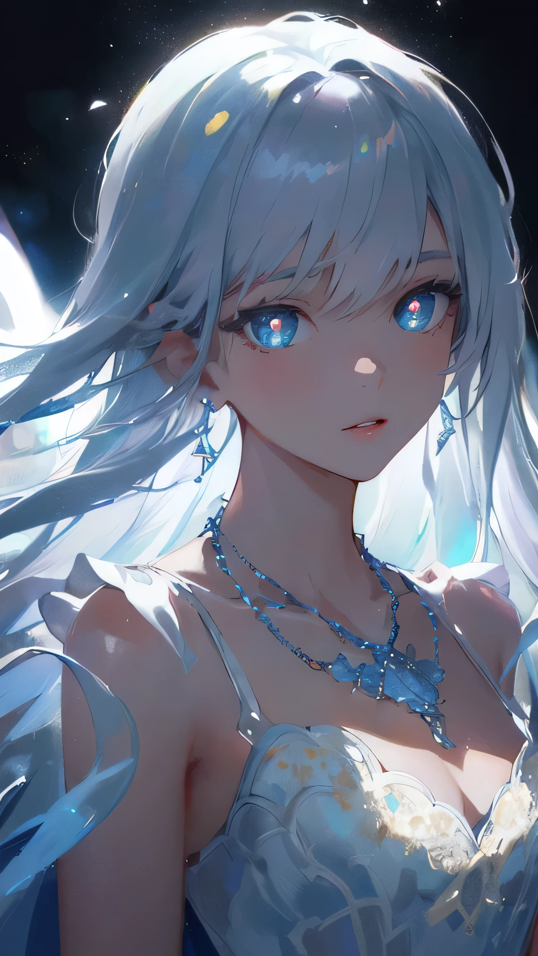Masterpiece, Best Quality, illustration, blue sax, platinum earrings, platinum necklace, White dress, 1 girl, beautiful, (dynamic lighting:1.2), cinematic lighting, Delicate facial features, detailed eyes, sharp pupils, realistic students, depth of field, bokeh, sharp focus, (hyperdetailed, Bloom, glow:1.4), many little gems.
