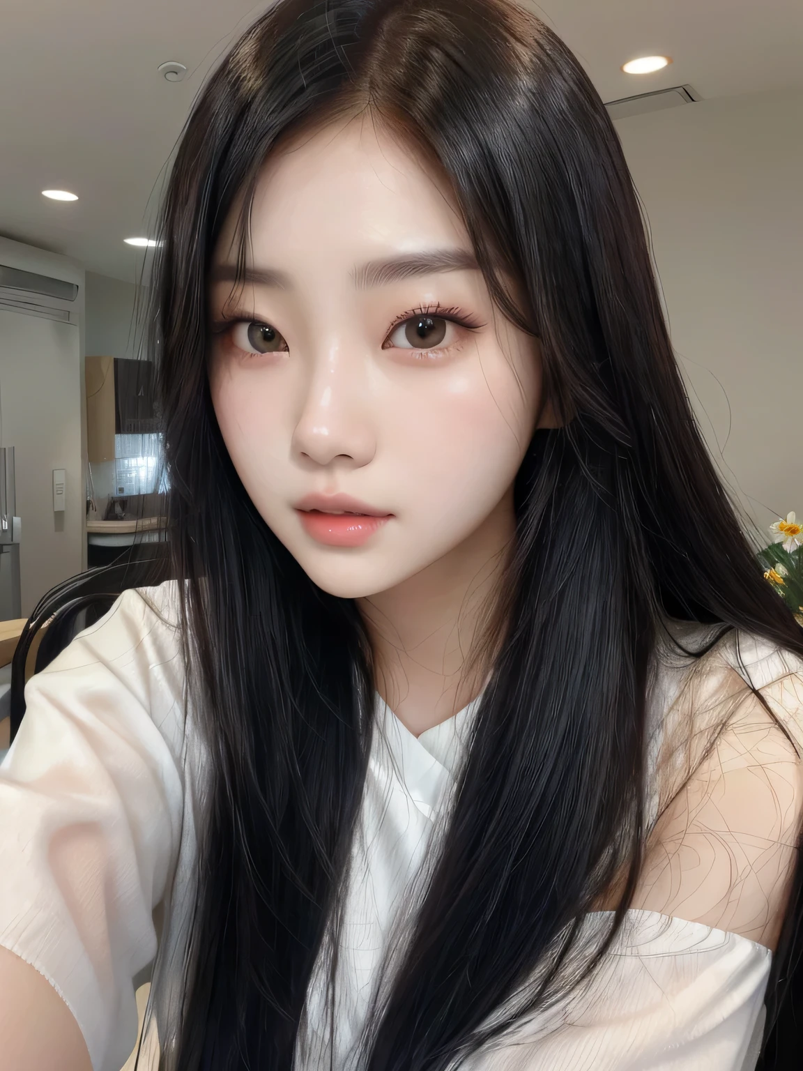 Arafed Asian woman with long black hair and white shirt, jaeyeon nam, korean girl, ulzzang, heonhwa choe, jinyoung shin, Sakimichan, beautiful south korean woman, sun yunjoo, pale korean adorable face, Lee Ji Eun, Lee Ji Eun, Beautiful young Korean woman, beautiful-faced girl Giselle from Aespa giselle aespa Giselle from aespa